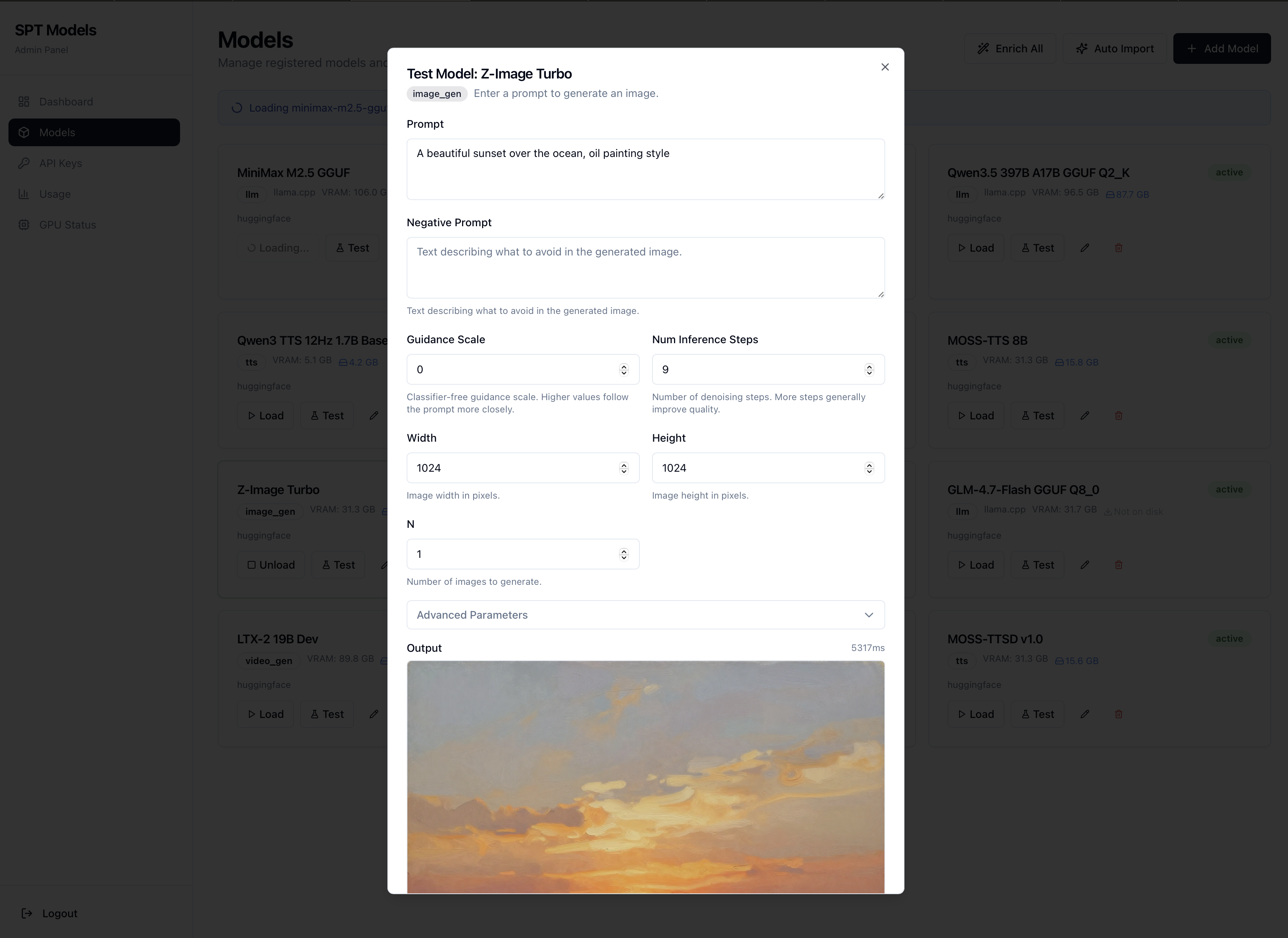 Live test dialog for image generation