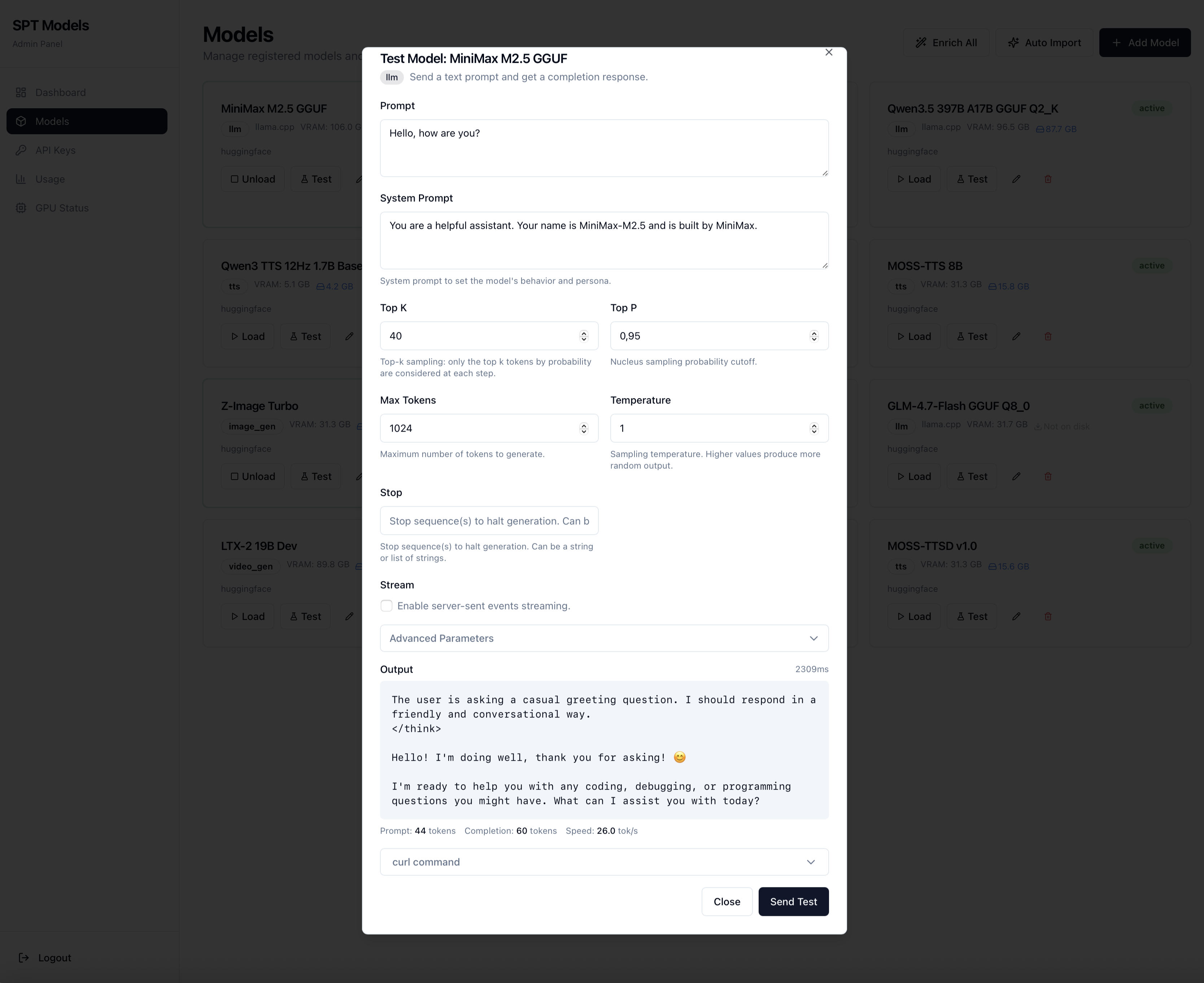 Live test dialog for an LLM